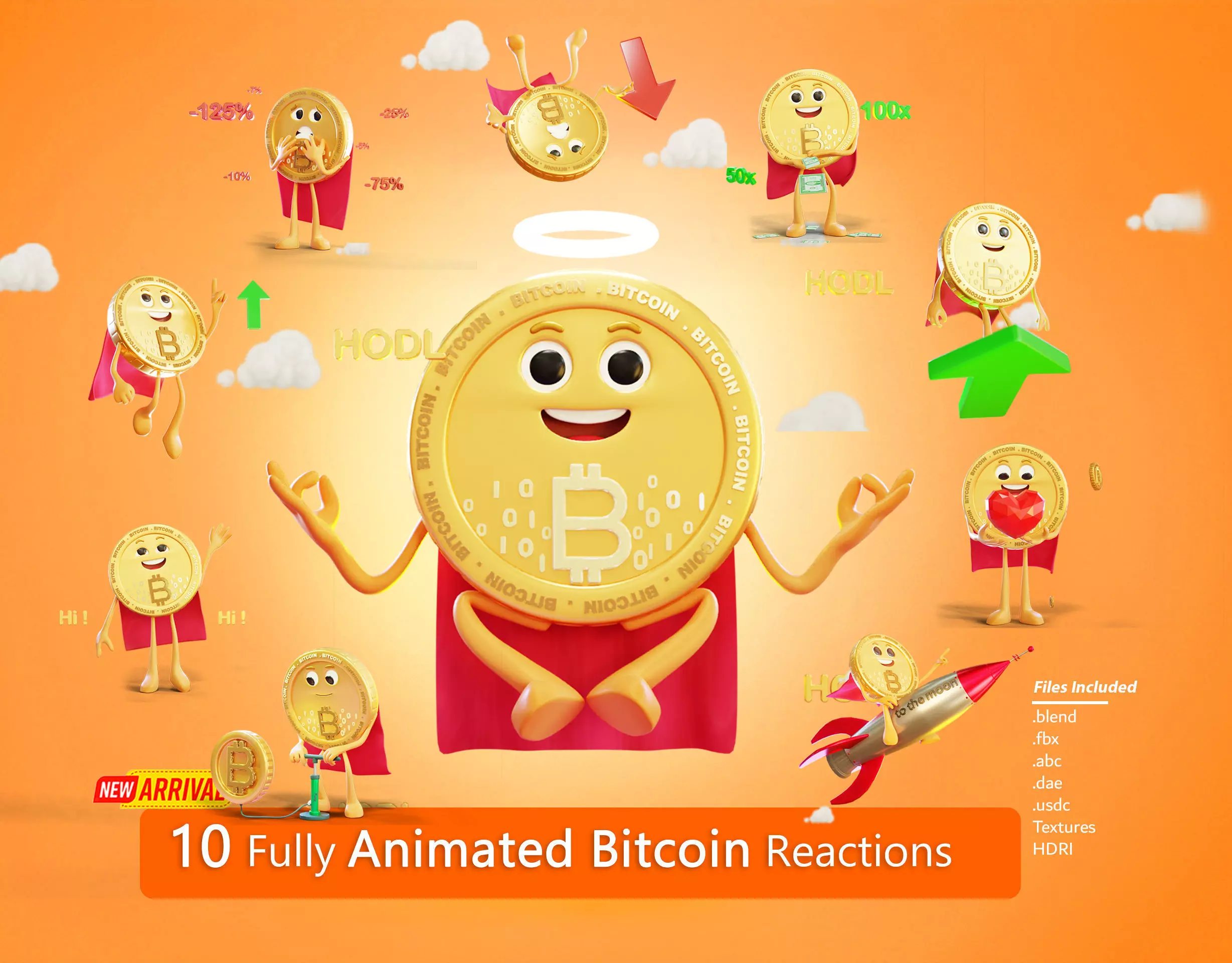 10 Fully Animated Bitcoin Reactions Low-poly 3D model