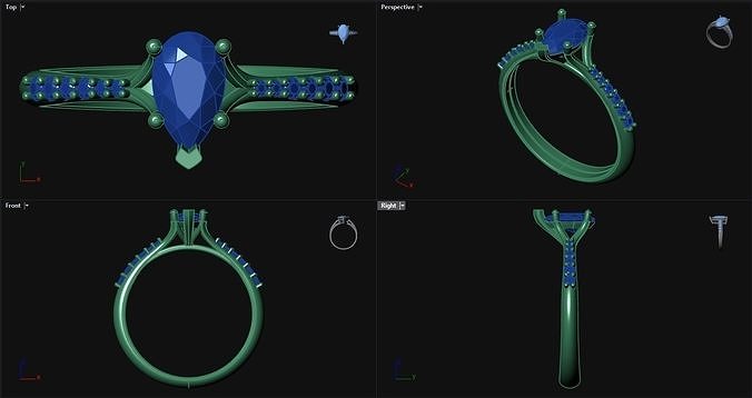 Diamond Pear Engagement Ring with sidestones  3D print model