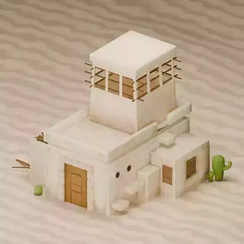 Stylized hand paint Ancient house in desert