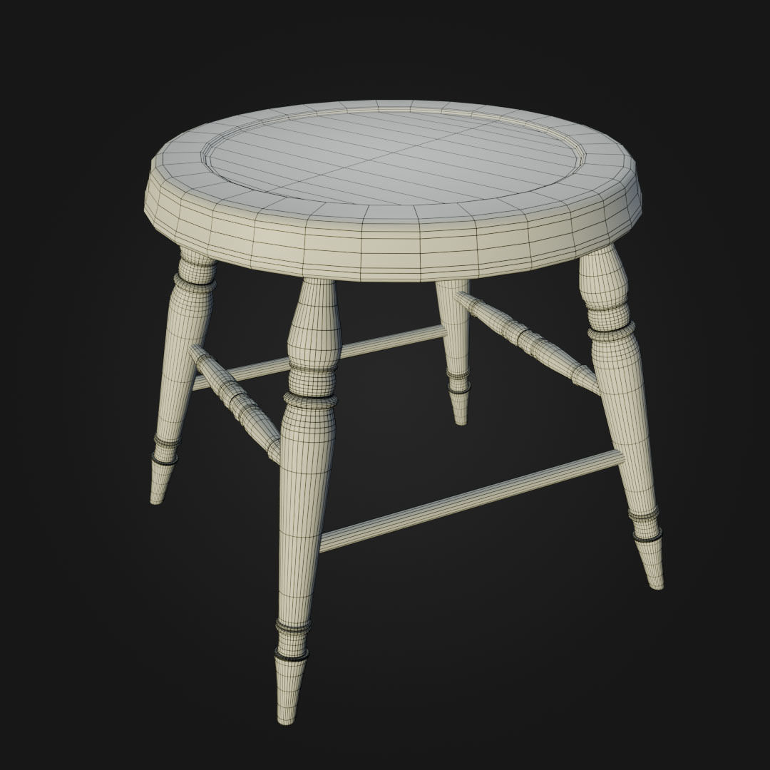 wooden stool Low-poly 3D model_2