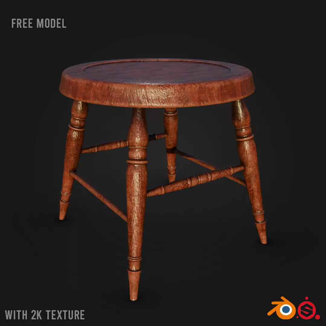wooden stool Low-poly 3D model_0