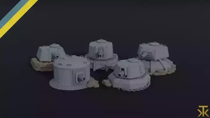 Cartoon Dieselpunk  gun turrets Polygonal Style