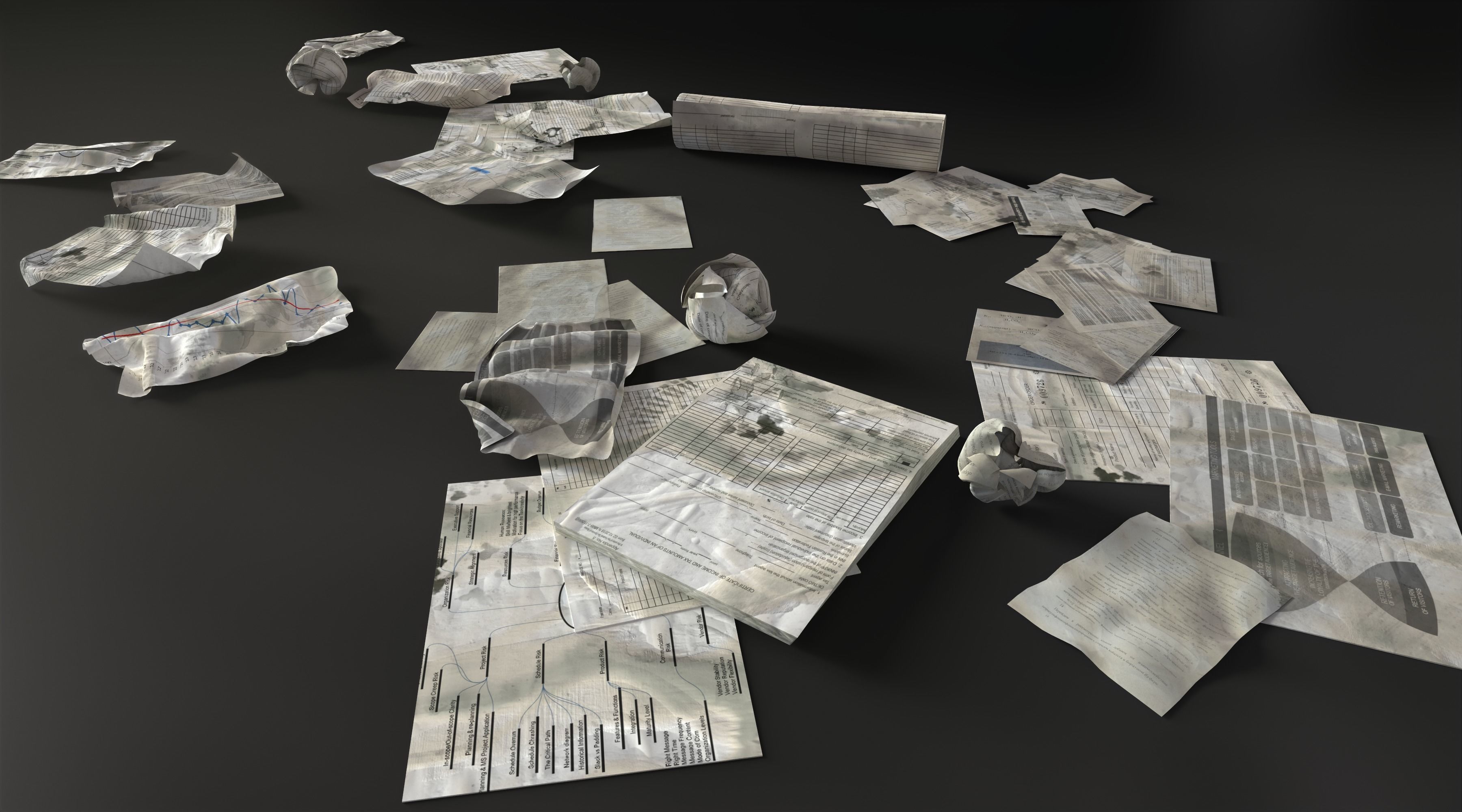 Scattered paper Low-poly 3D model_14