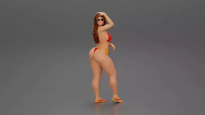 Sexy girl in a bikini and sandals posing putting hand on hair