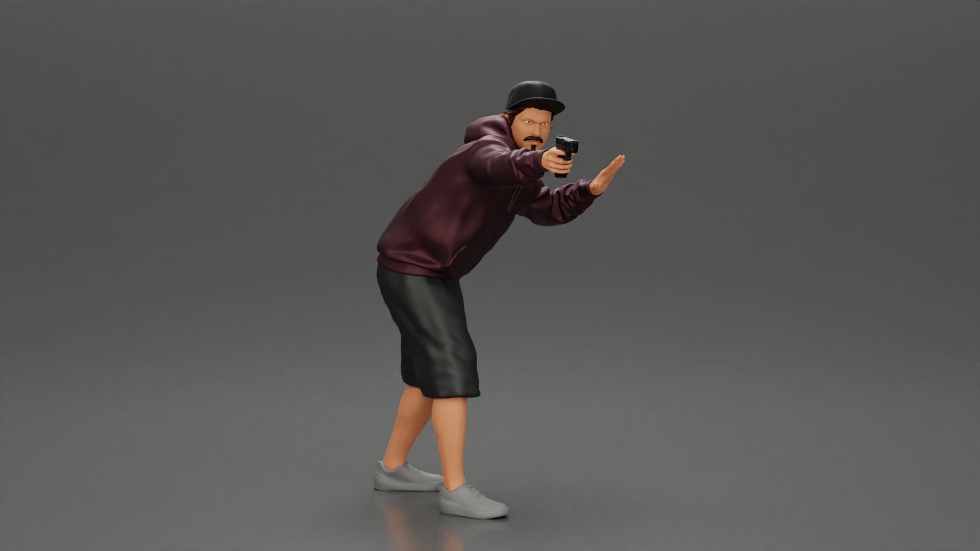gangster man in a hoodie and cap shooting a gun behind the car 3D print model_6