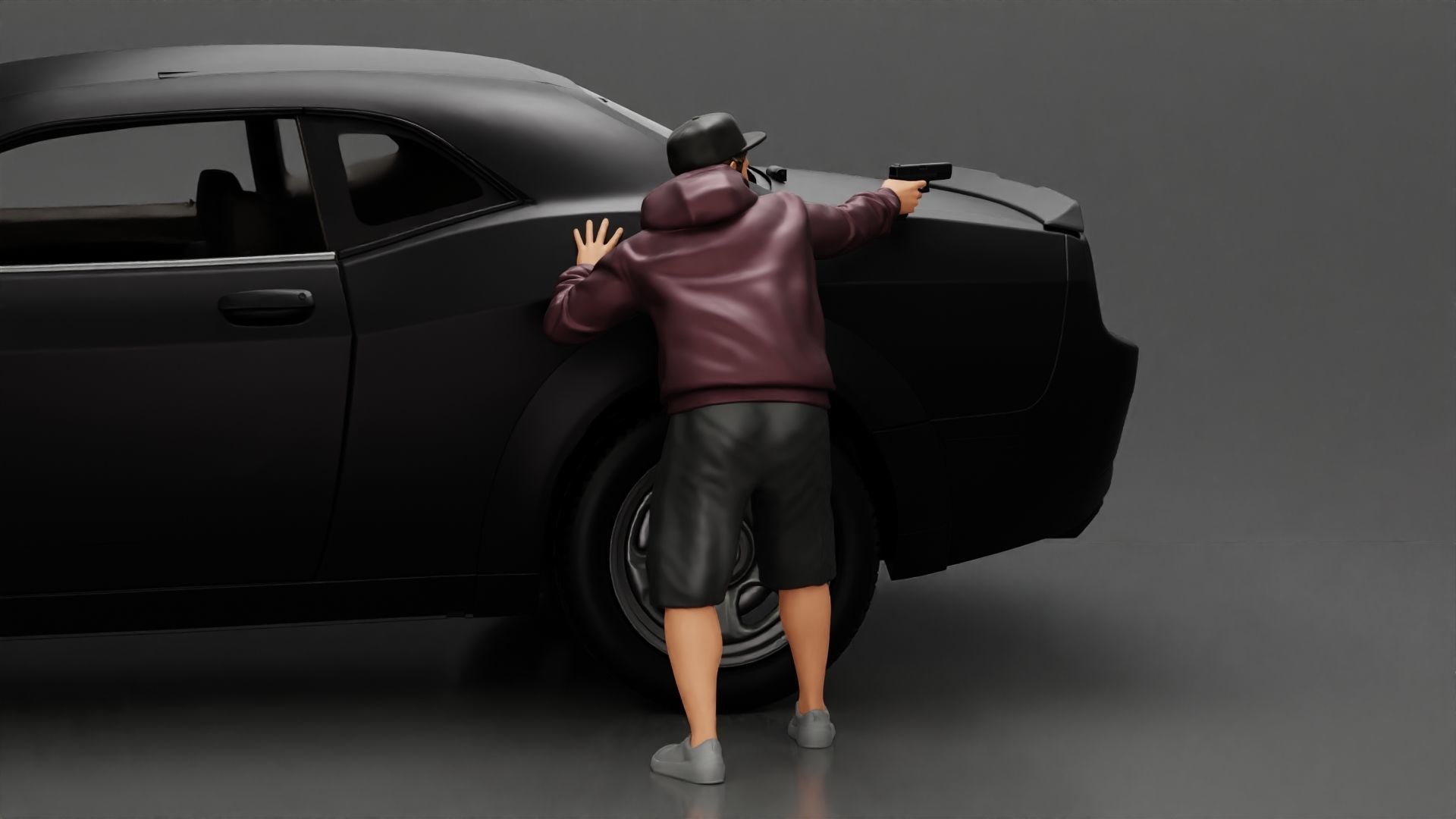 gangster man in a hoodie and cap shooting a gun behind the car 3D print model_2