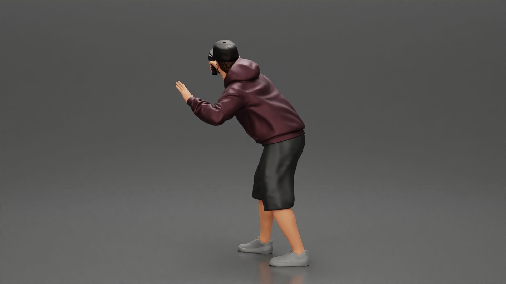 gangster man in a hoodie and cap shooting a gun behind the car 3D print model_9
