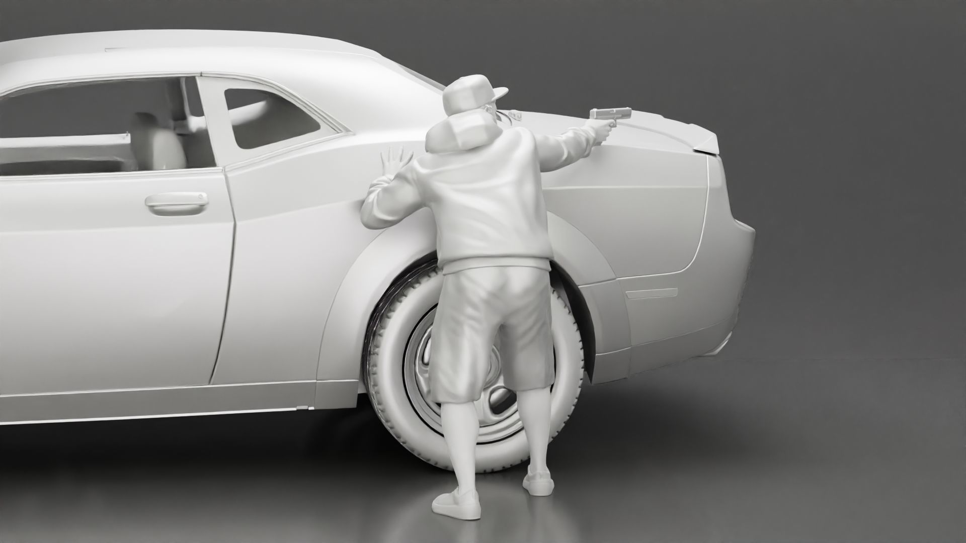 gangster man in a hoodie and cap shooting a gun behind the car 3D print model_14