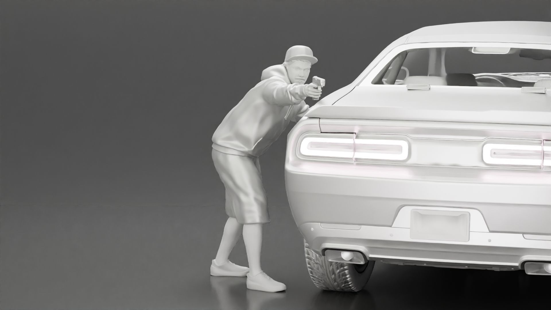 gangster man in a hoodie and cap shooting a gun behind the car 3D print model_12