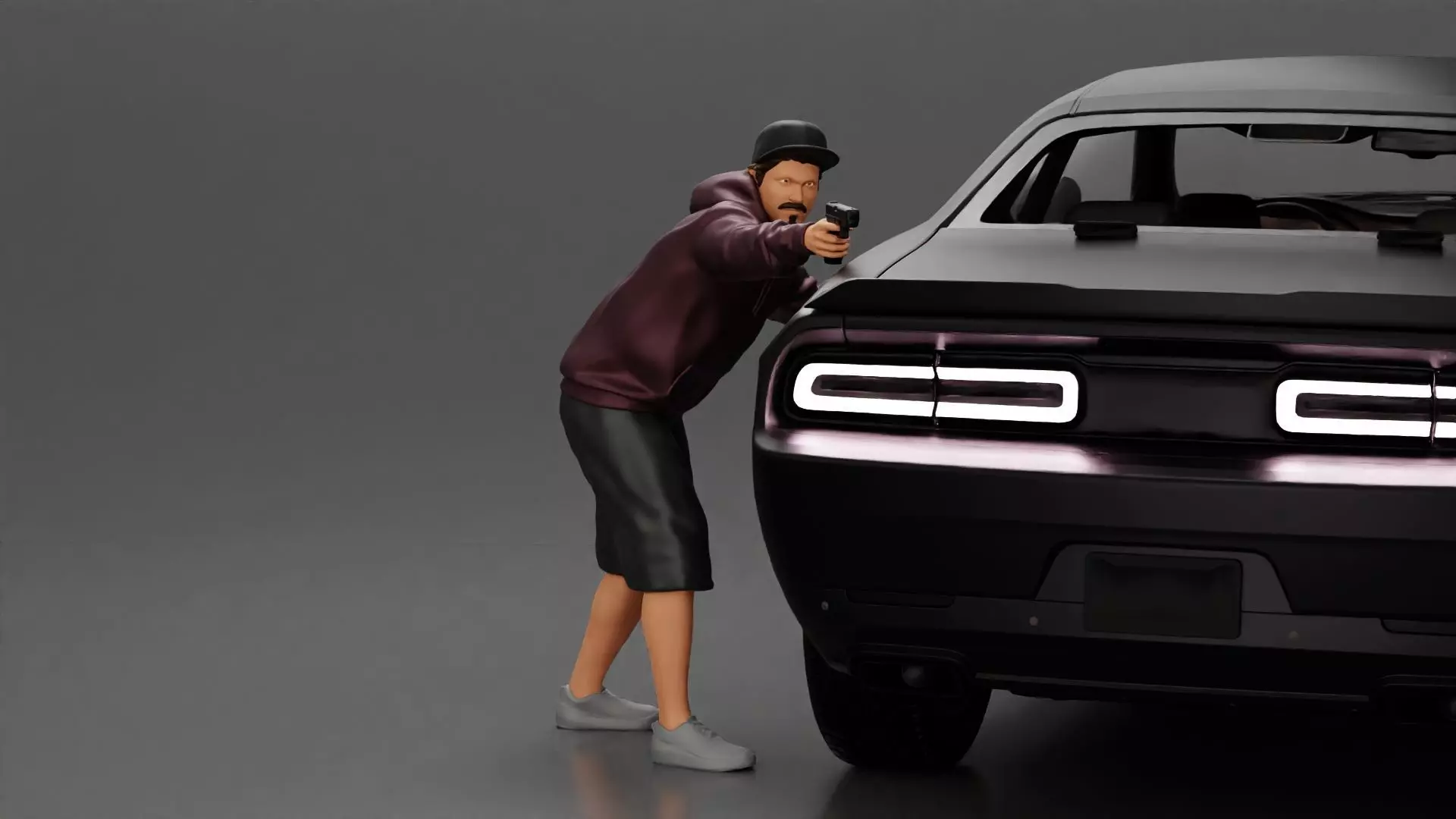 gangster man in a hoodie and cap shooting a gun behind the car 3D print model_0