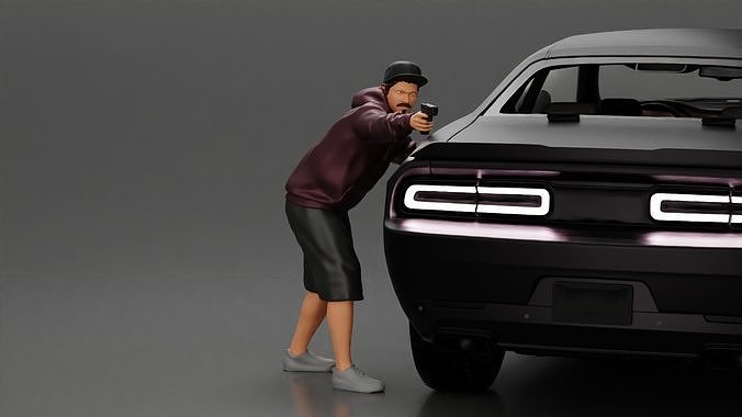 gangster man in a hoodie and cap shooting a gun behind the car 3D print model
