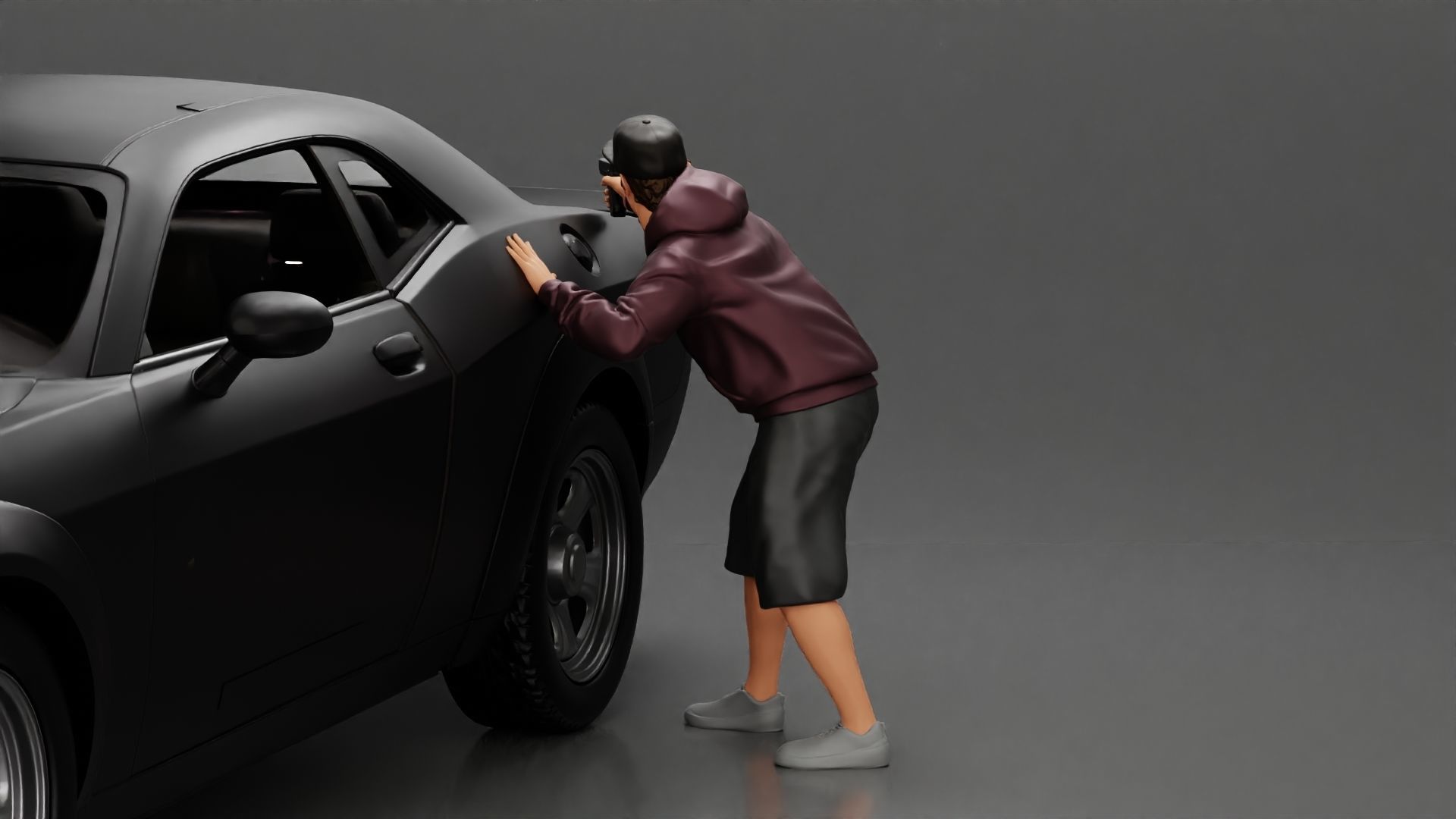 gangster man in a hoodie and cap shooting a gun behind the car 3D print model_3
