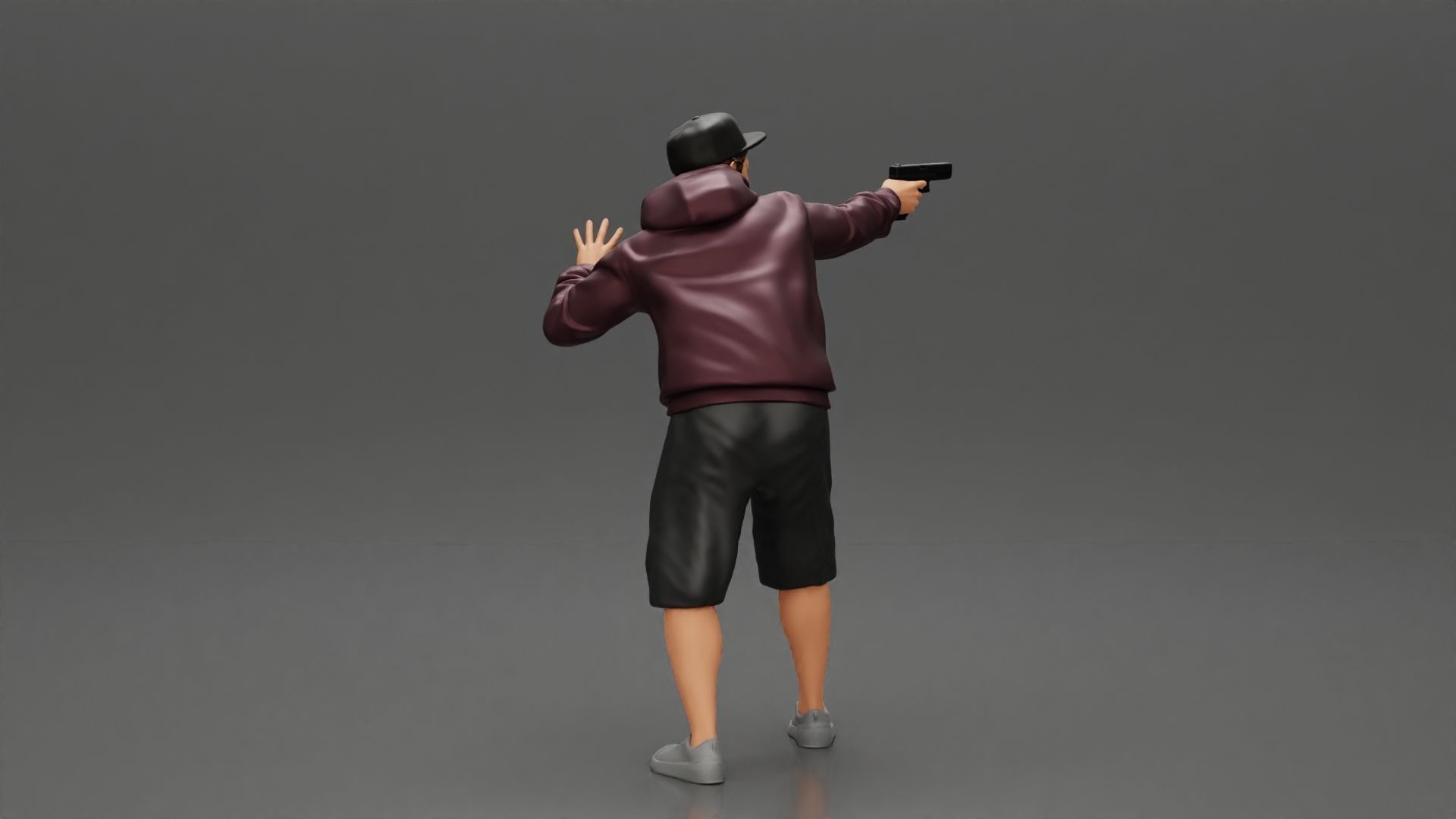gangster man in a hoodie and cap shooting a gun behind the car 3D print model_8