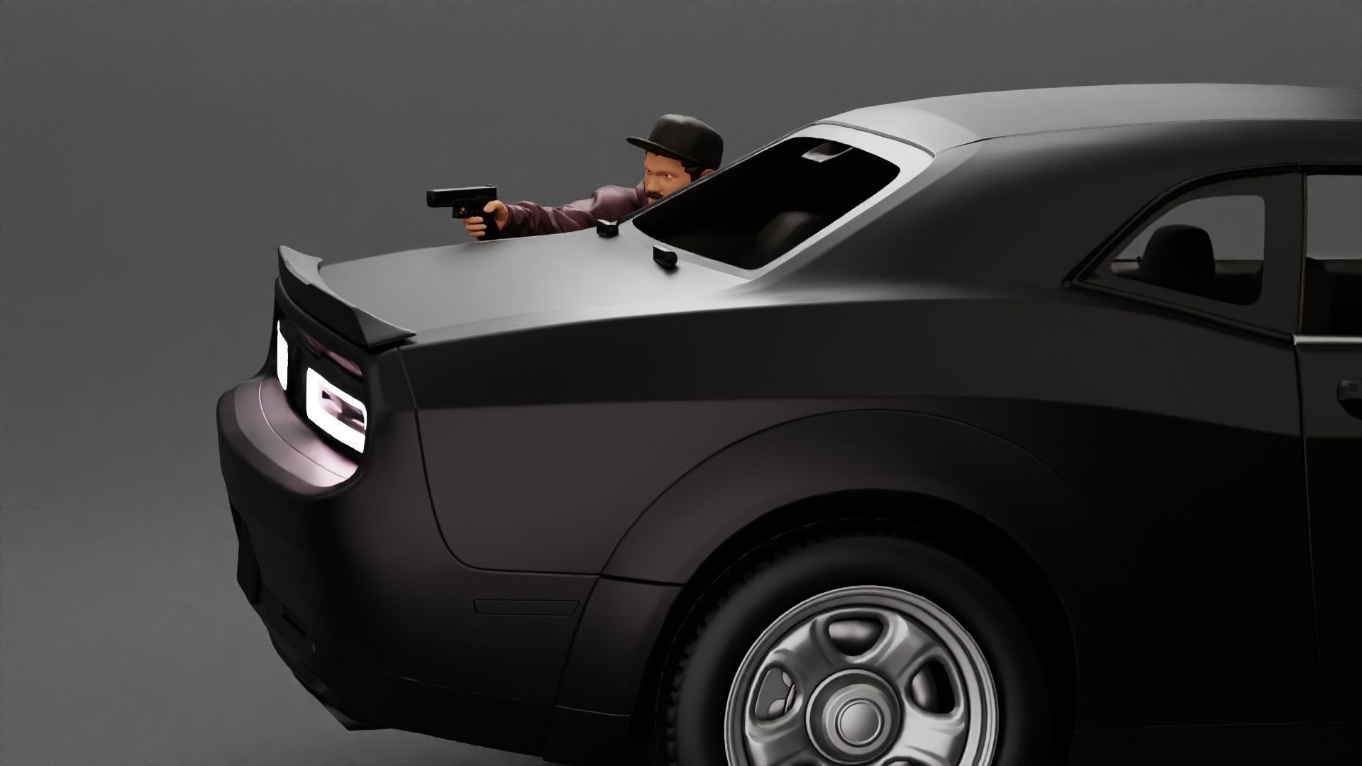 gangster man in a hoodie and cap shooting a gun behind the car 3D print model_5