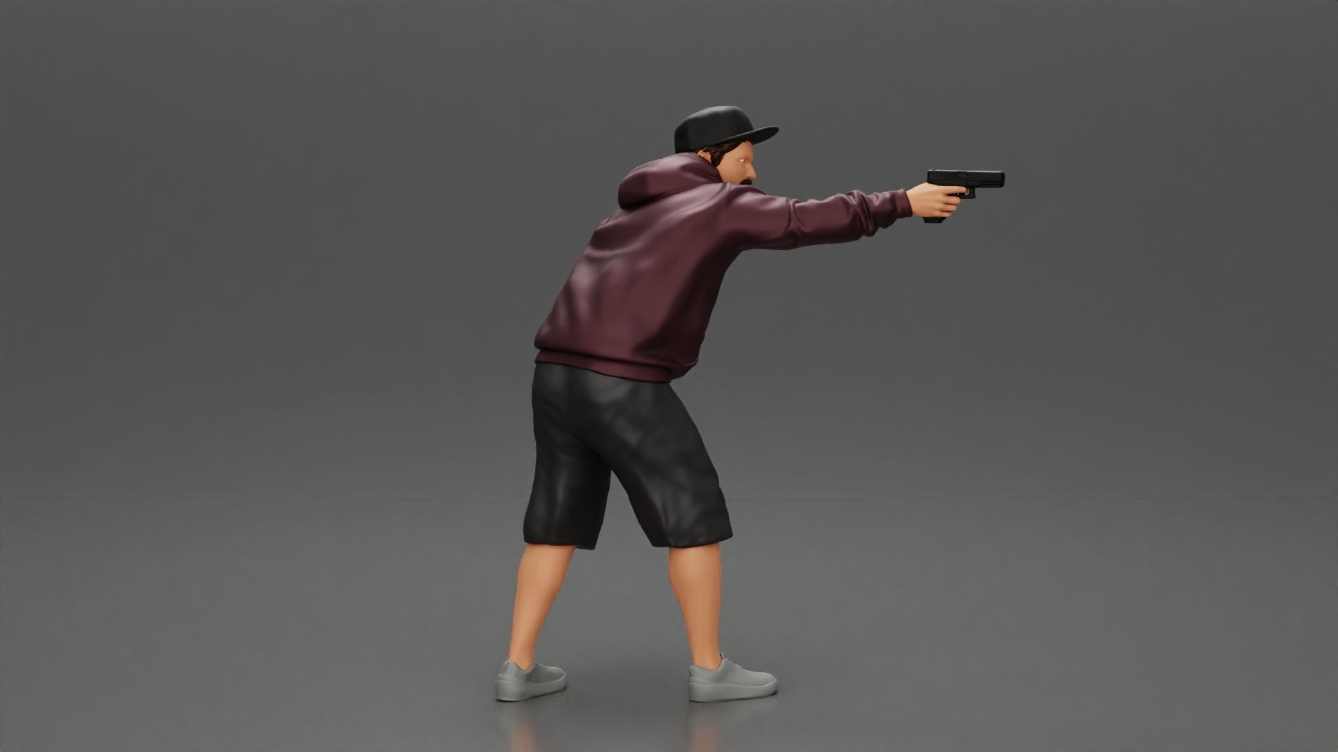 gangster man in a hoodie and cap shooting a gun behind the car 3D print model_7