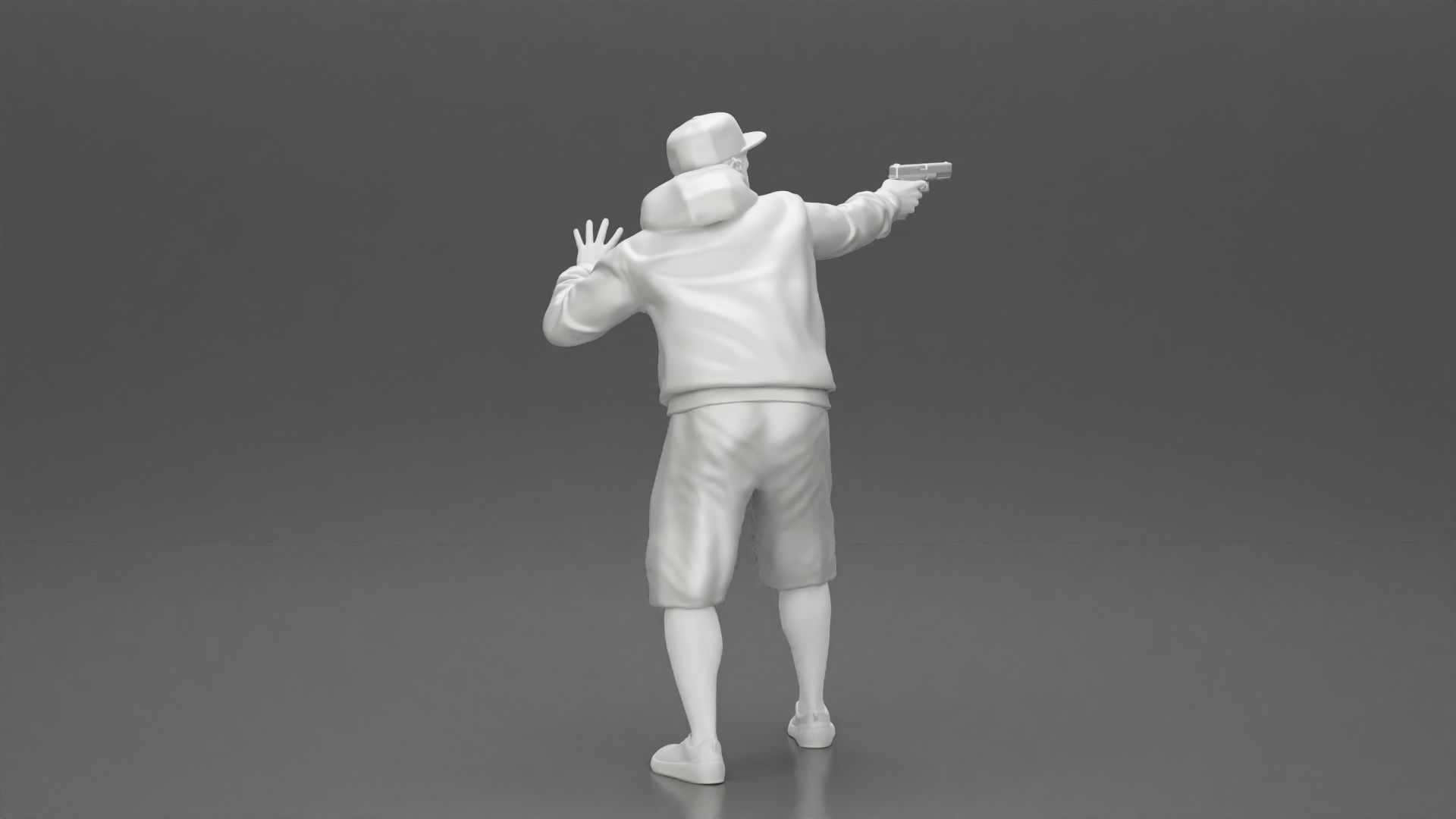 gangster man in a hoodie and cap shooting a gun behind the car 3D print model_20