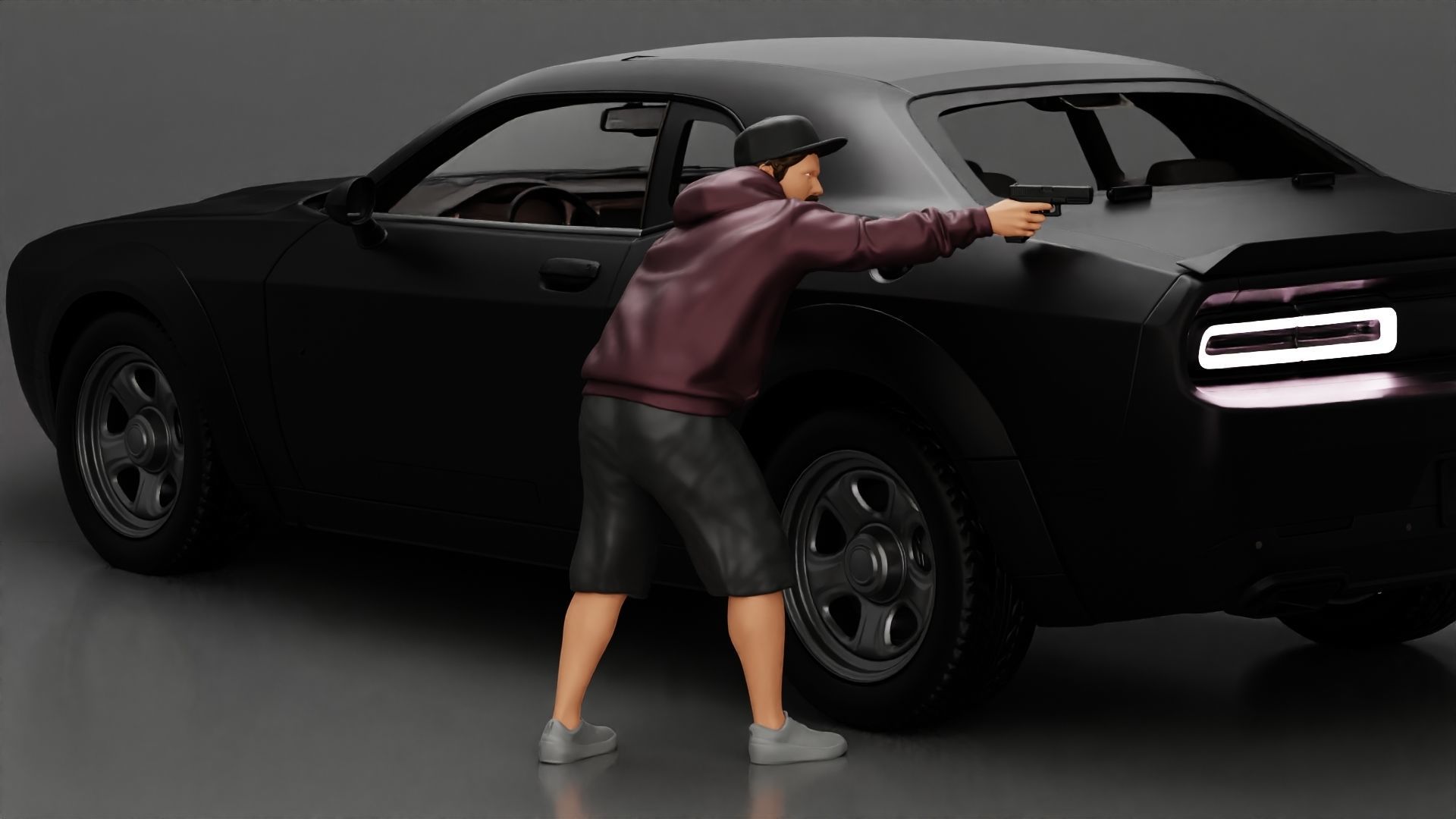 gangster man in a hoodie and cap shooting a gun behind the car 3D print model_1