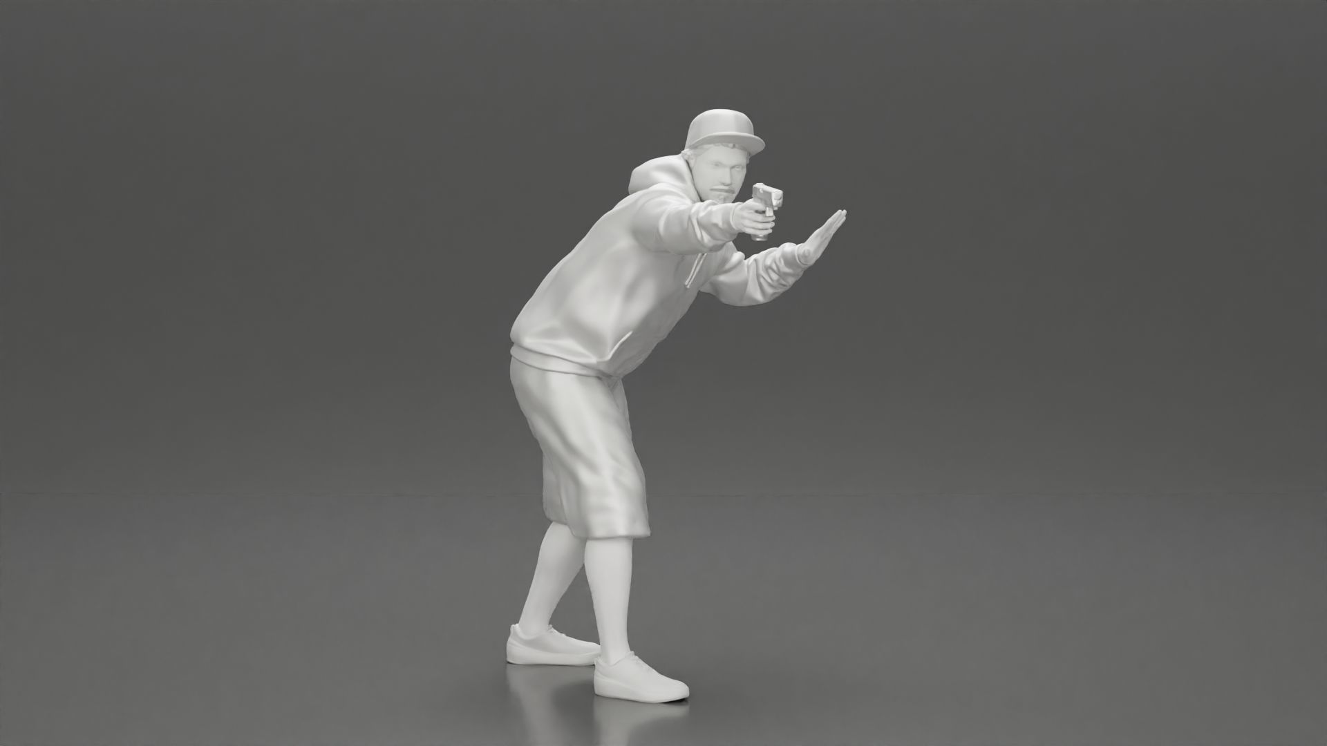 gangster man in a hoodie and cap shooting a gun behind the car 3D print model_18