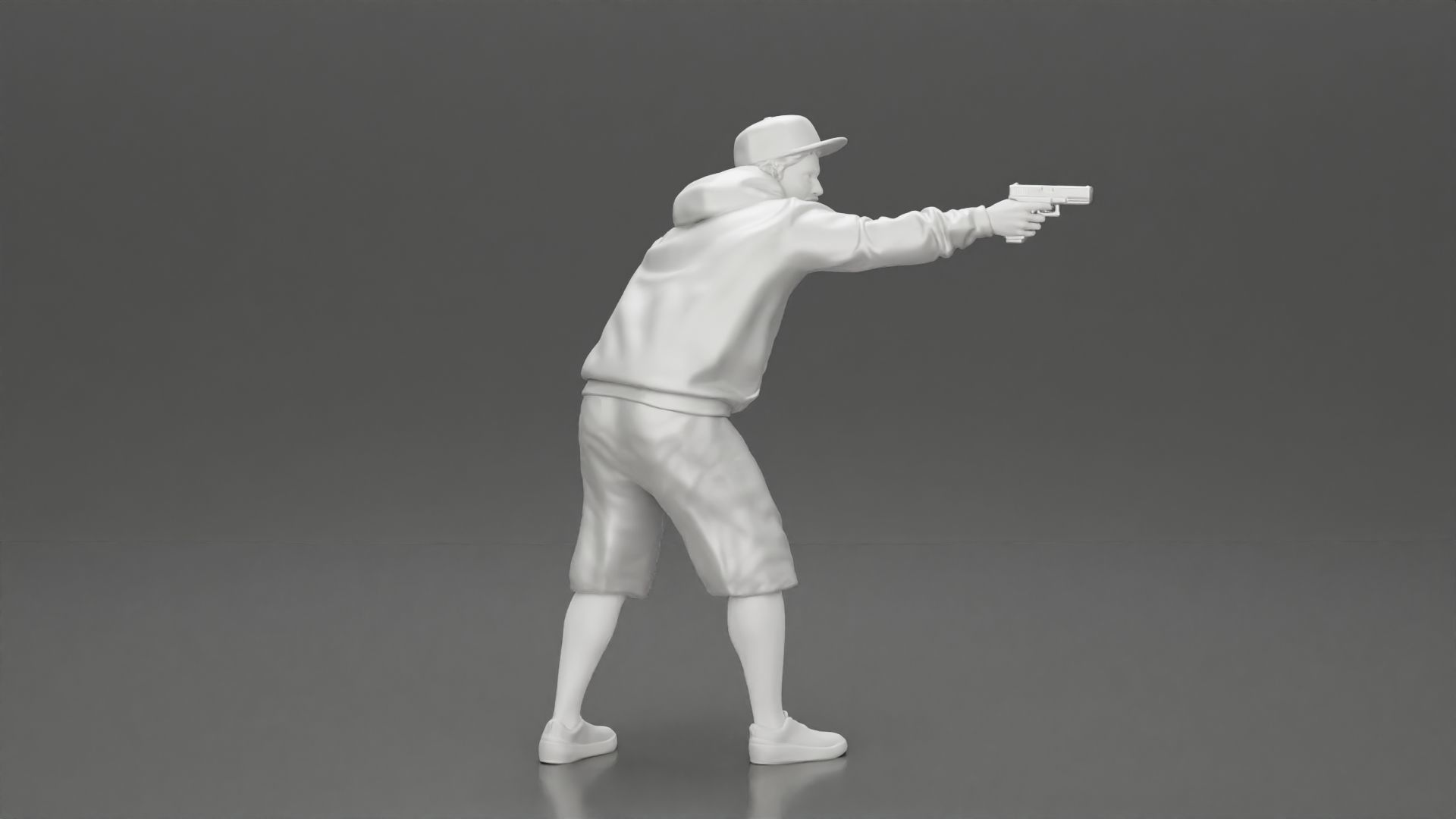 gangster man in a hoodie and cap shooting a gun behind the car 3D print model_19
