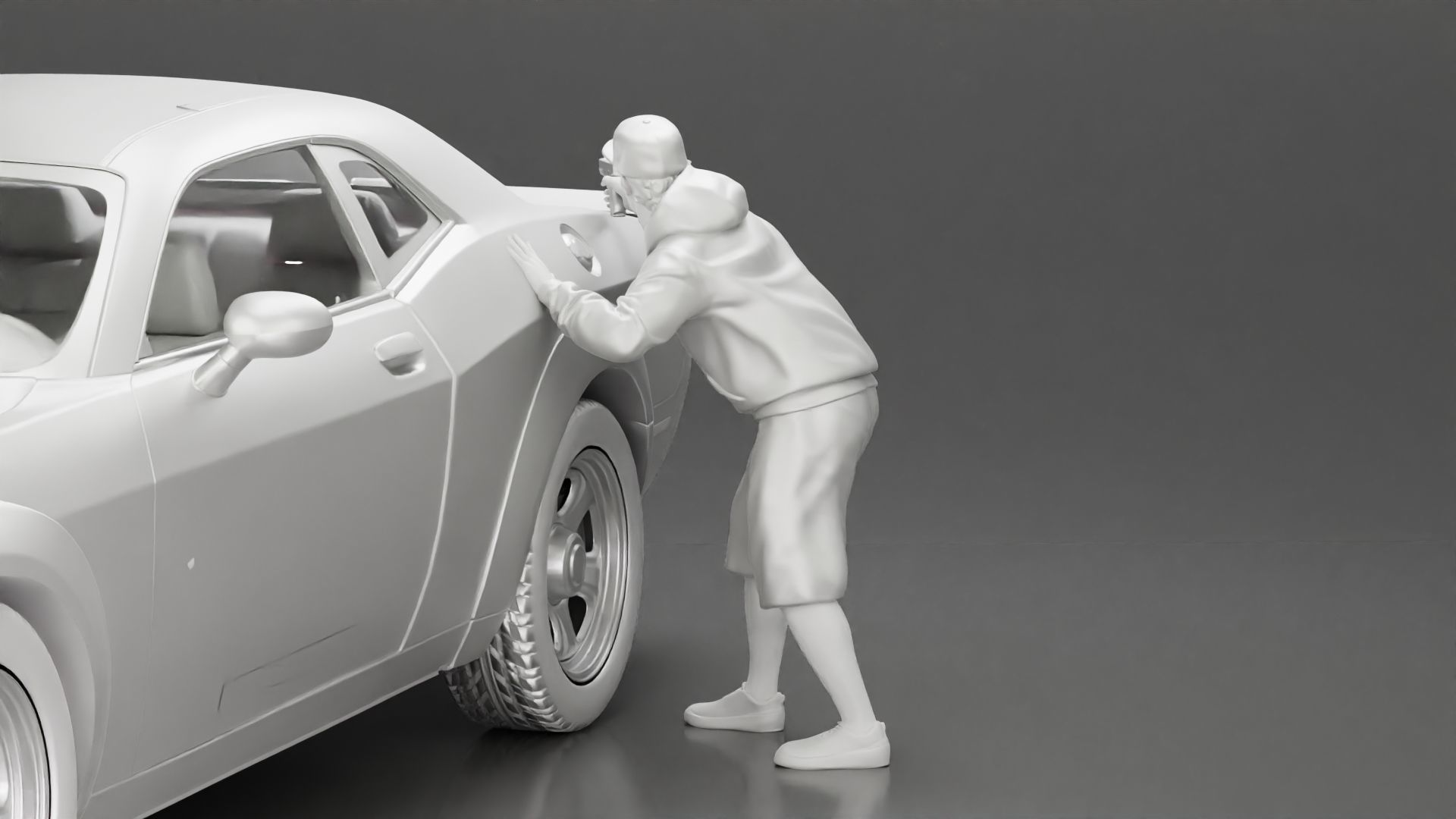 gangster man in a hoodie and cap shooting a gun behind the car 3D print model_15