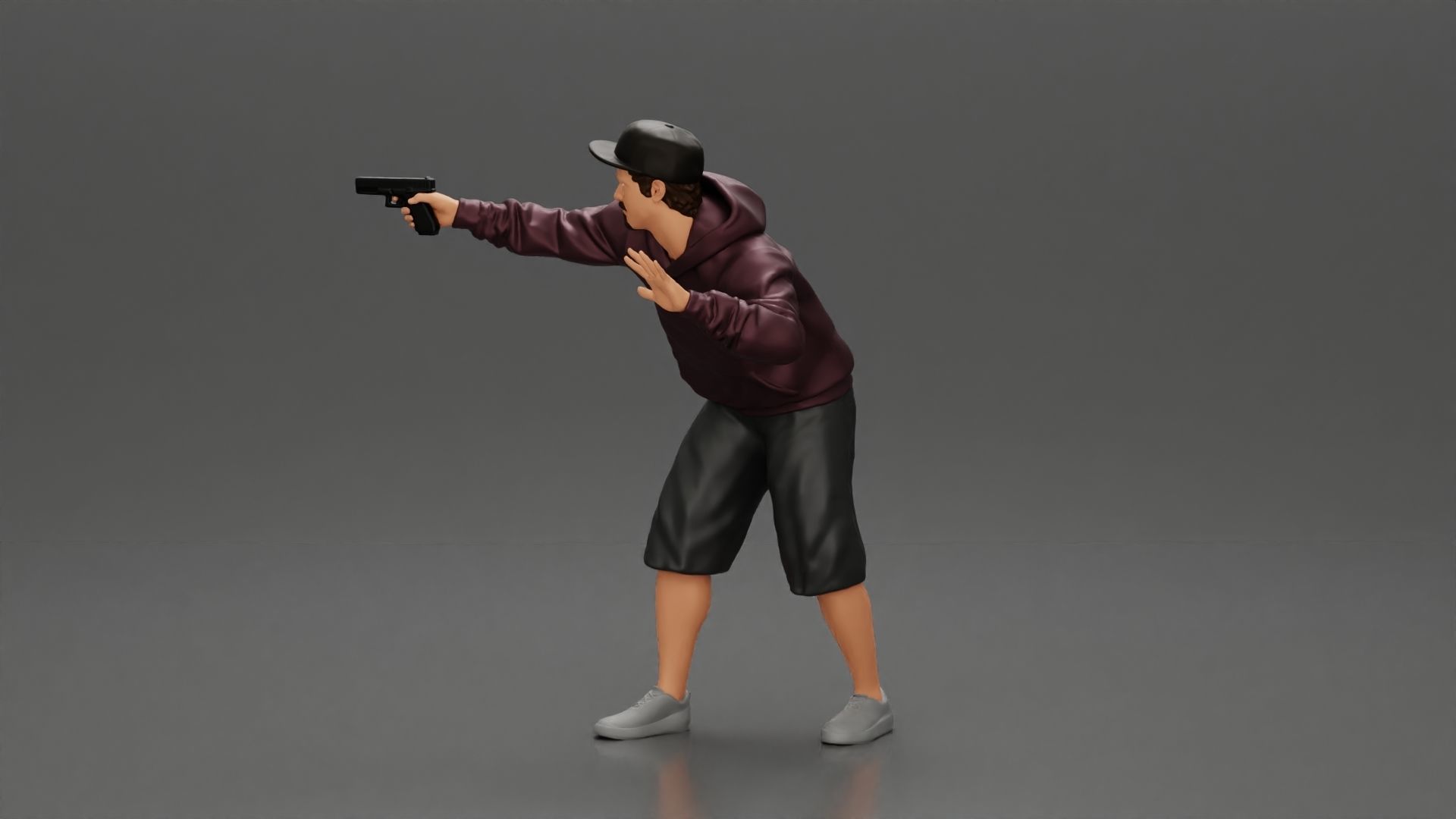 gangster man in a hoodie and cap shooting a gun behind the car 3D print model_10