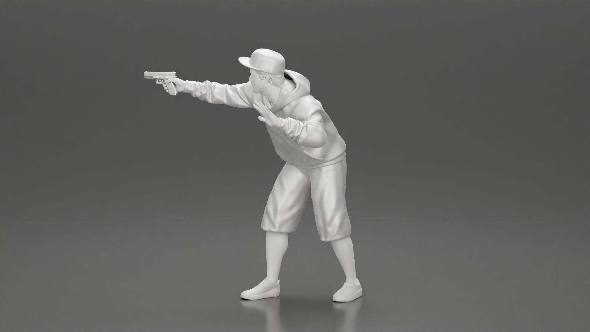 gangster man in a hoodie and cap shooting a gun behind the car 3D print model_22