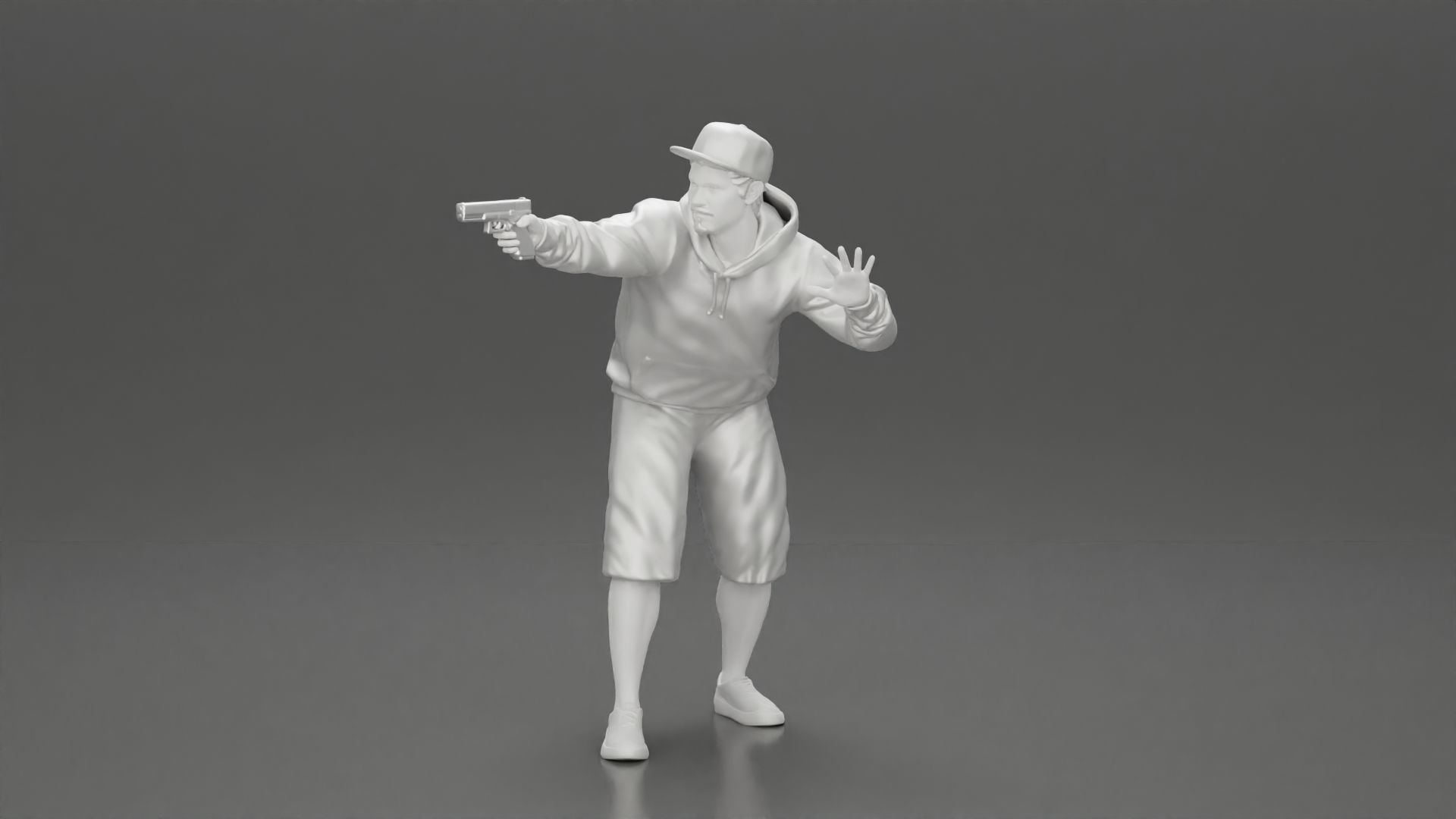 gangster man in a hoodie and cap shooting a gun behind the car 3D print model_23