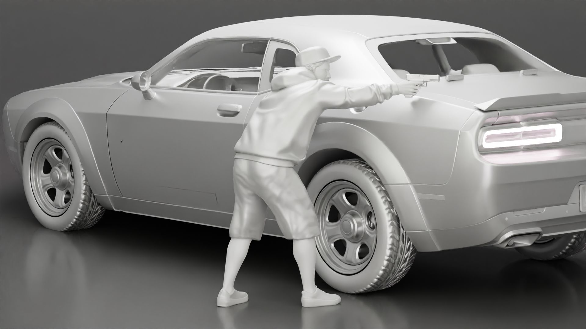 gangster man in a hoodie and cap shooting a gun behind the car 3D print model_13