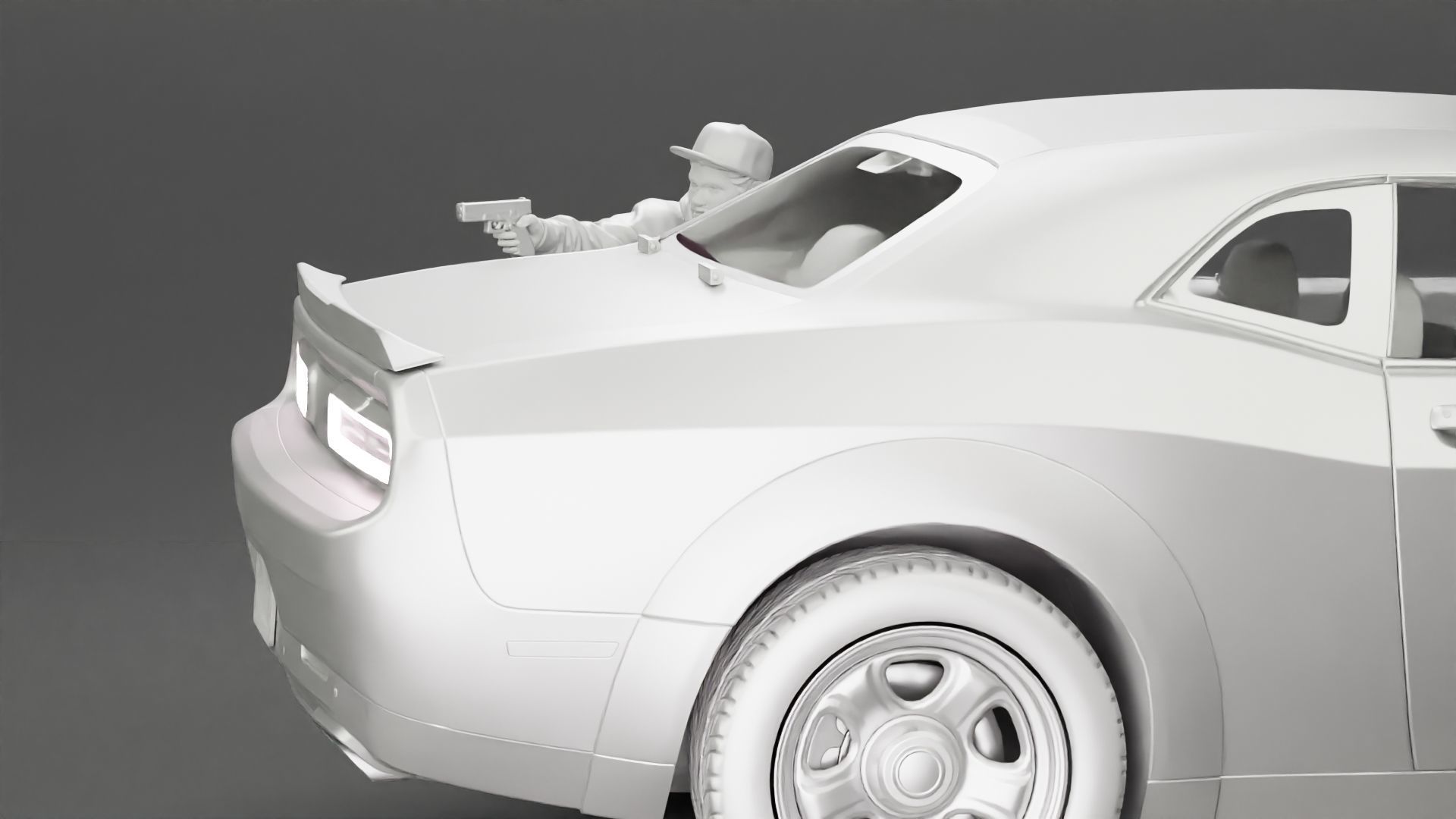 gangster man in a hoodie and cap shooting a gun behind the car 3D print model_17