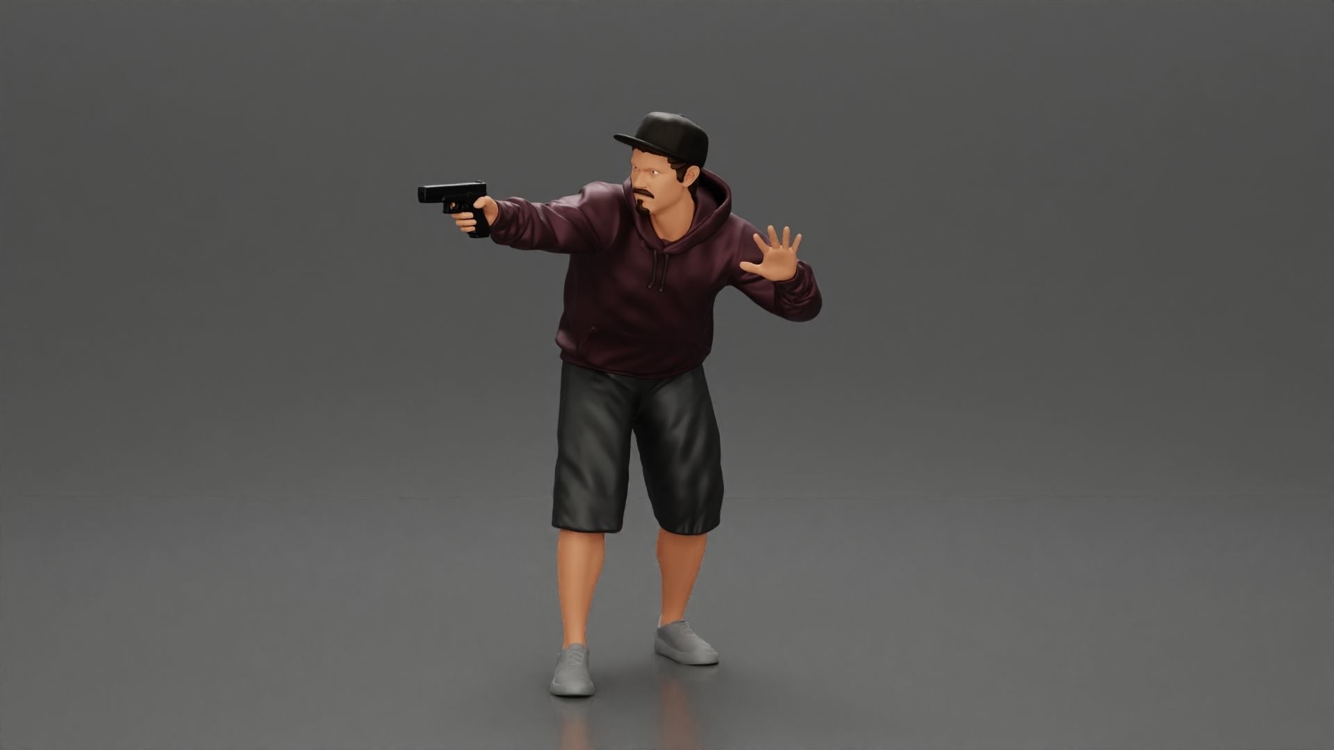 gangster man in a hoodie and cap shooting a gun behind the car 3D print model_11
