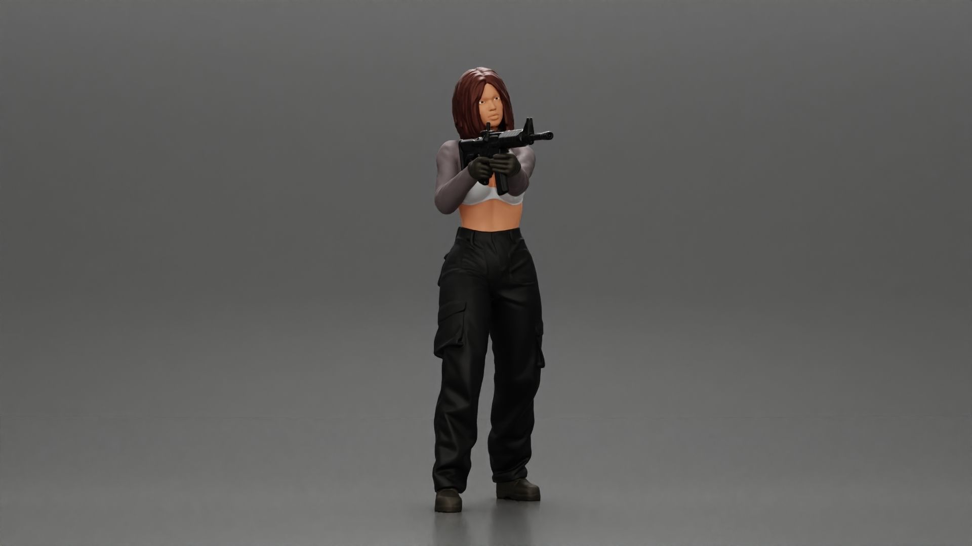 Armed girl going to shoot a gun in a bra with short hair 3D print model_1