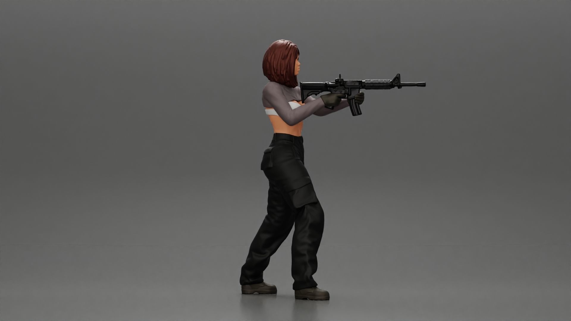 Armed girl going to shoot a gun in a bra with short hair 3D print model_2