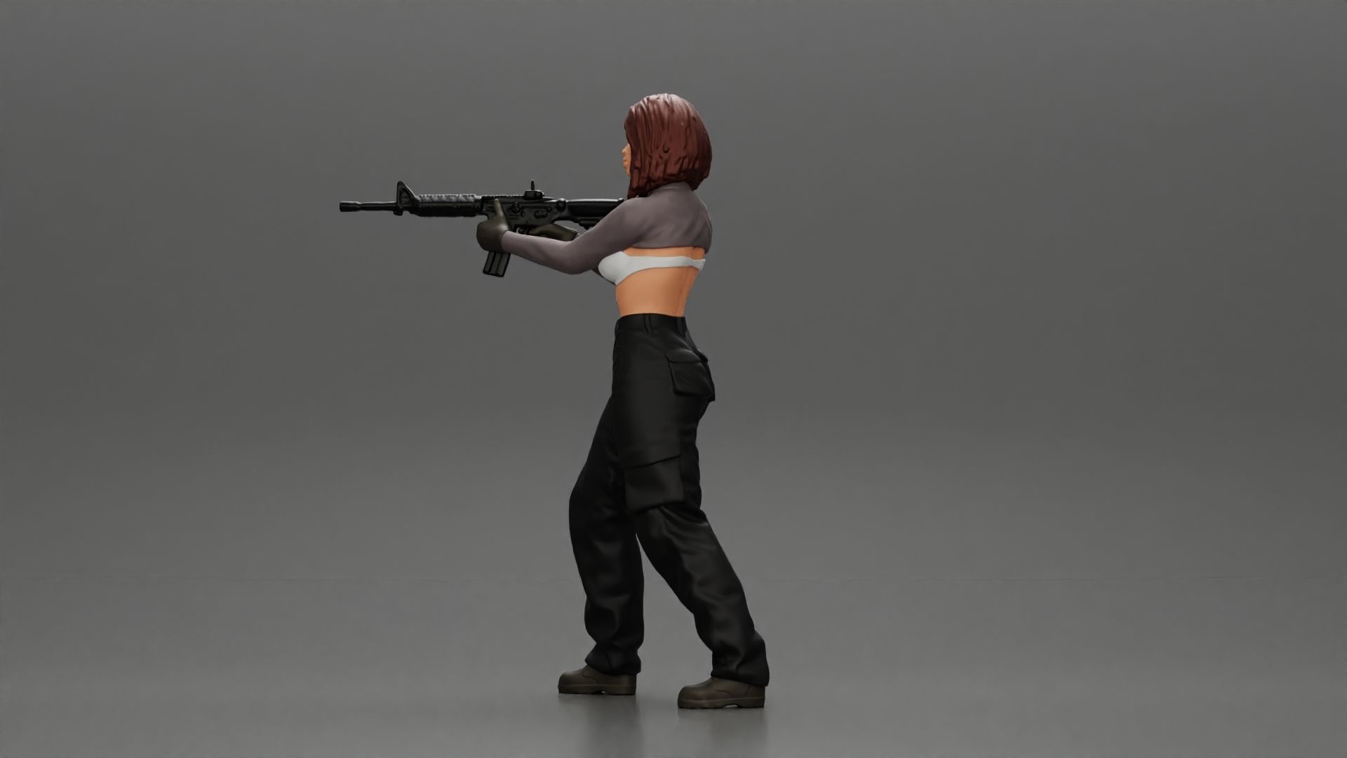 Armed girl going to shoot a gun in a bra with short hair 3D print model_5