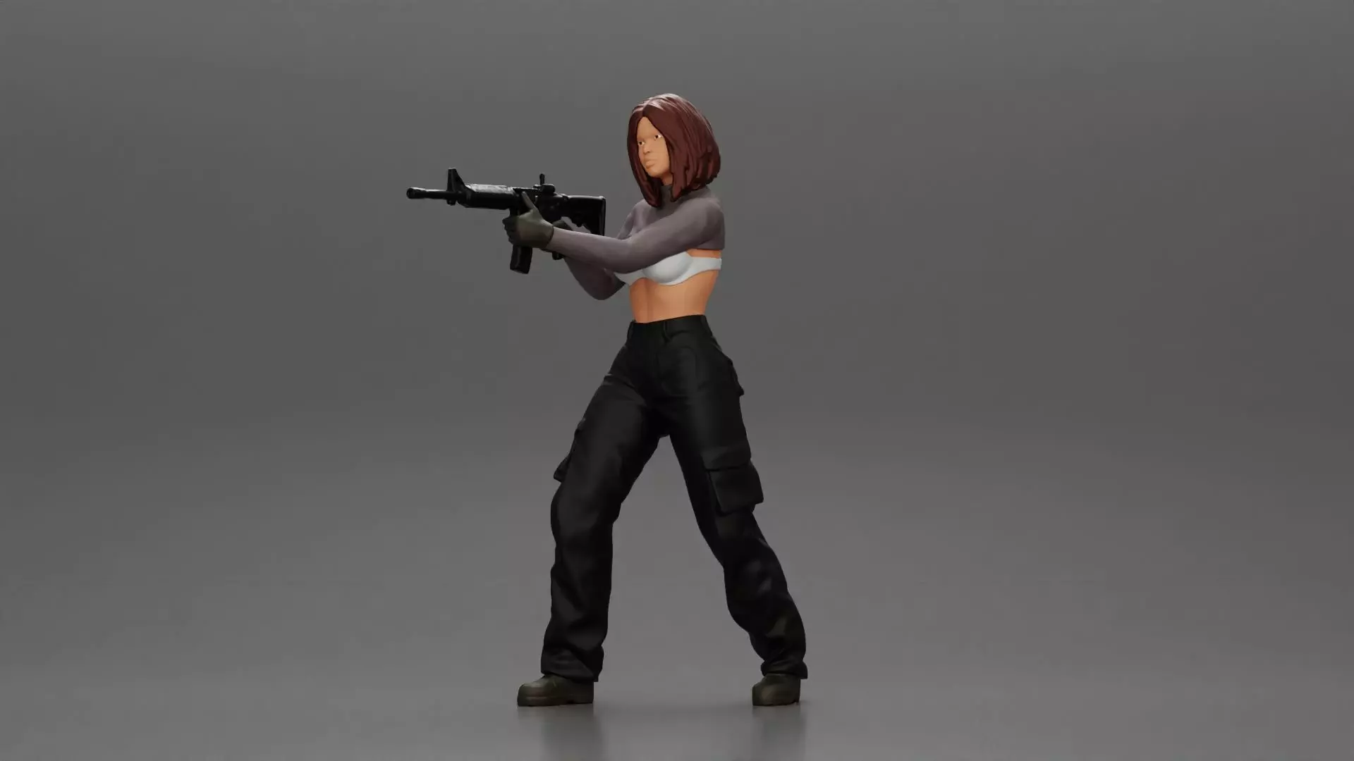 Armed girl going to shoot a gun in a bra with short hair 3D print model_0