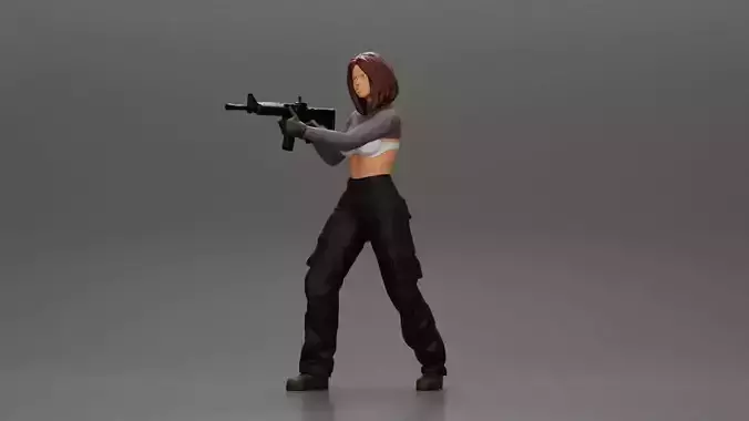 Armed girl going to shoot a gun in a bra with short hair