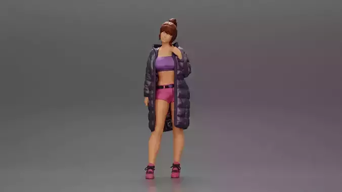 Sexy girl in shorts and long jacket standing