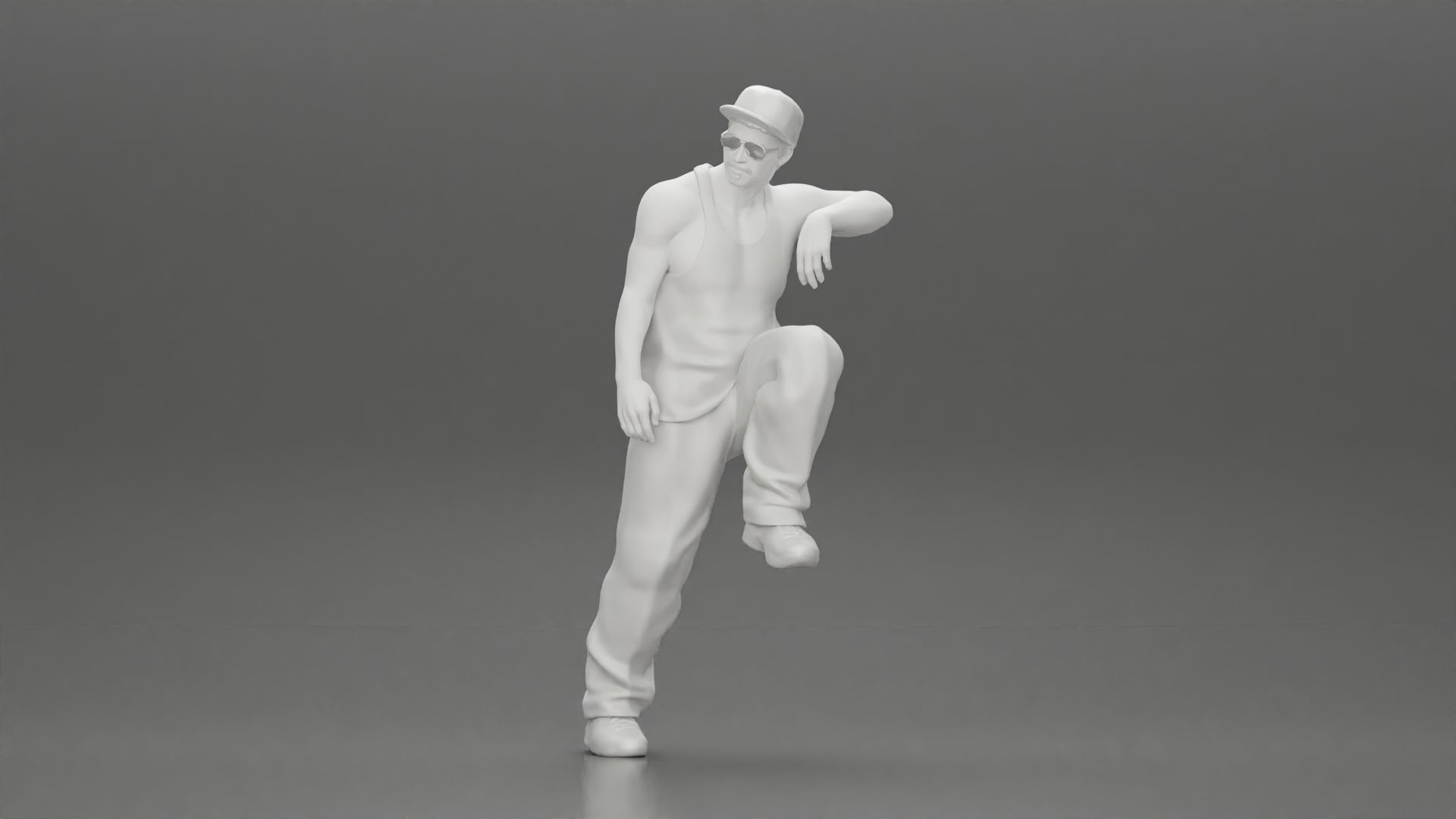 gangster wearing cap tank top with sunglasses leans against car 3D print model_6