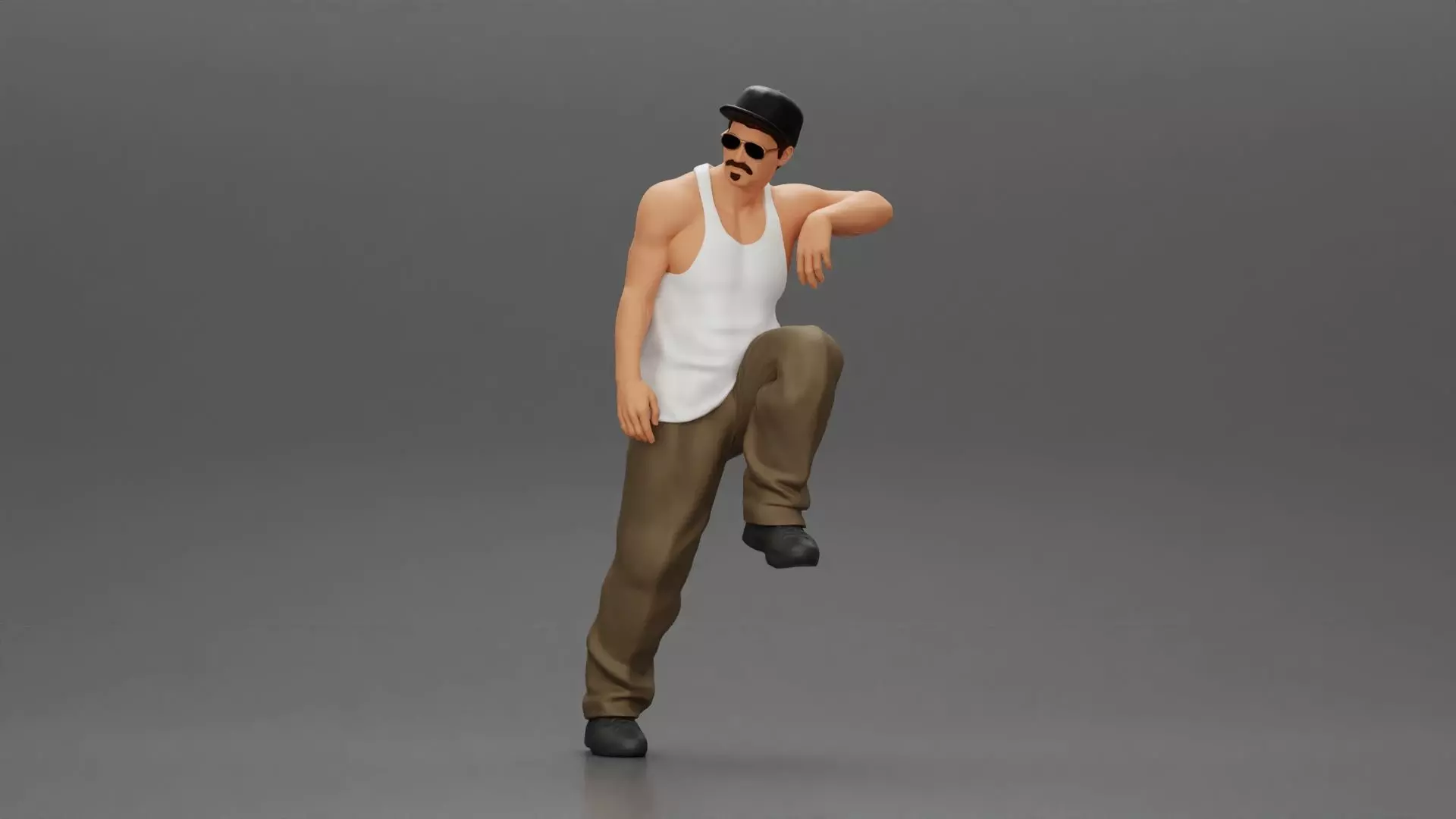 gangster wearing cap tank top with sunglasses leans against car 3D print model_0