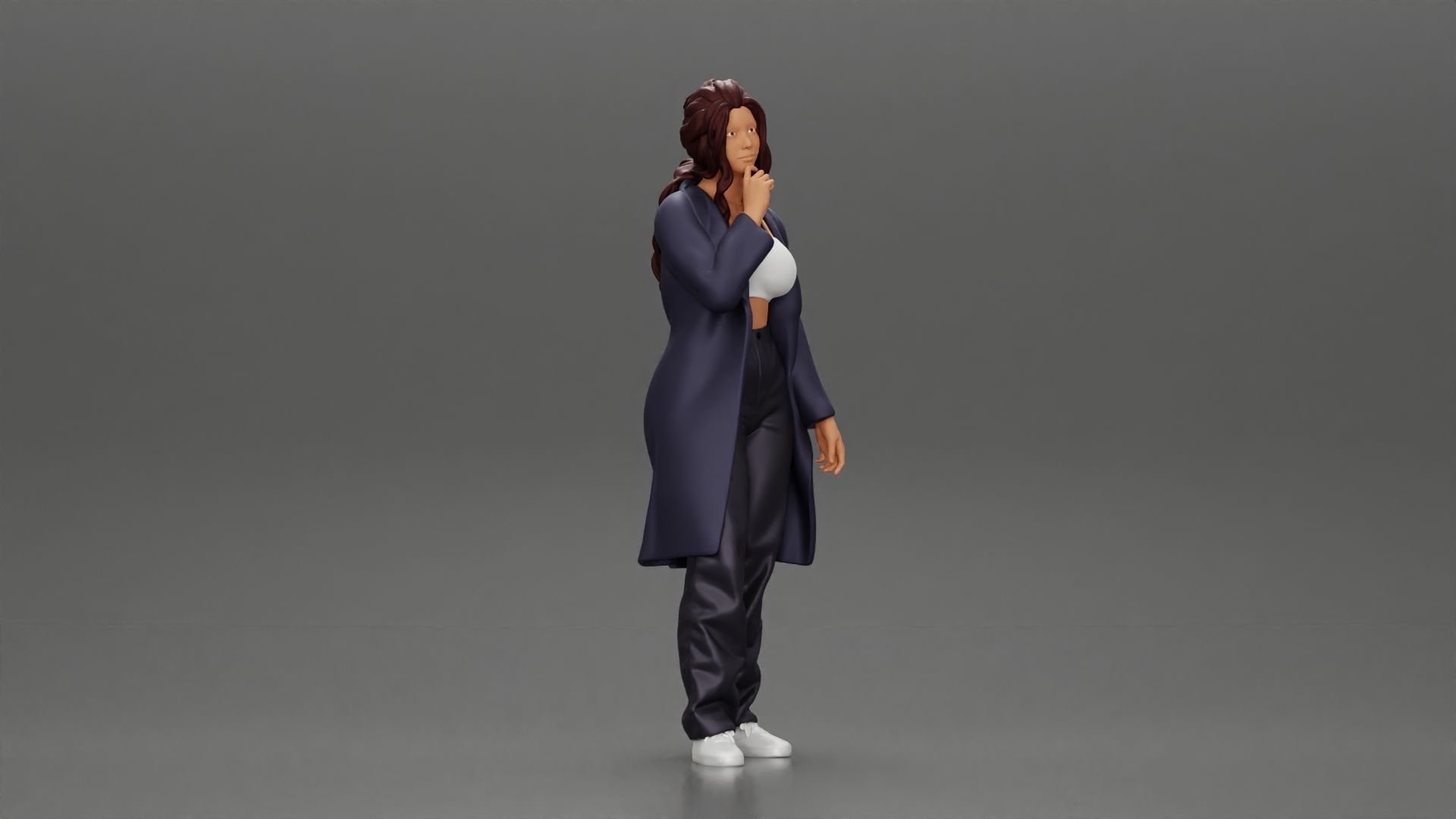 beautiful girl in large jeans and a long coat thinking 3D print model_1