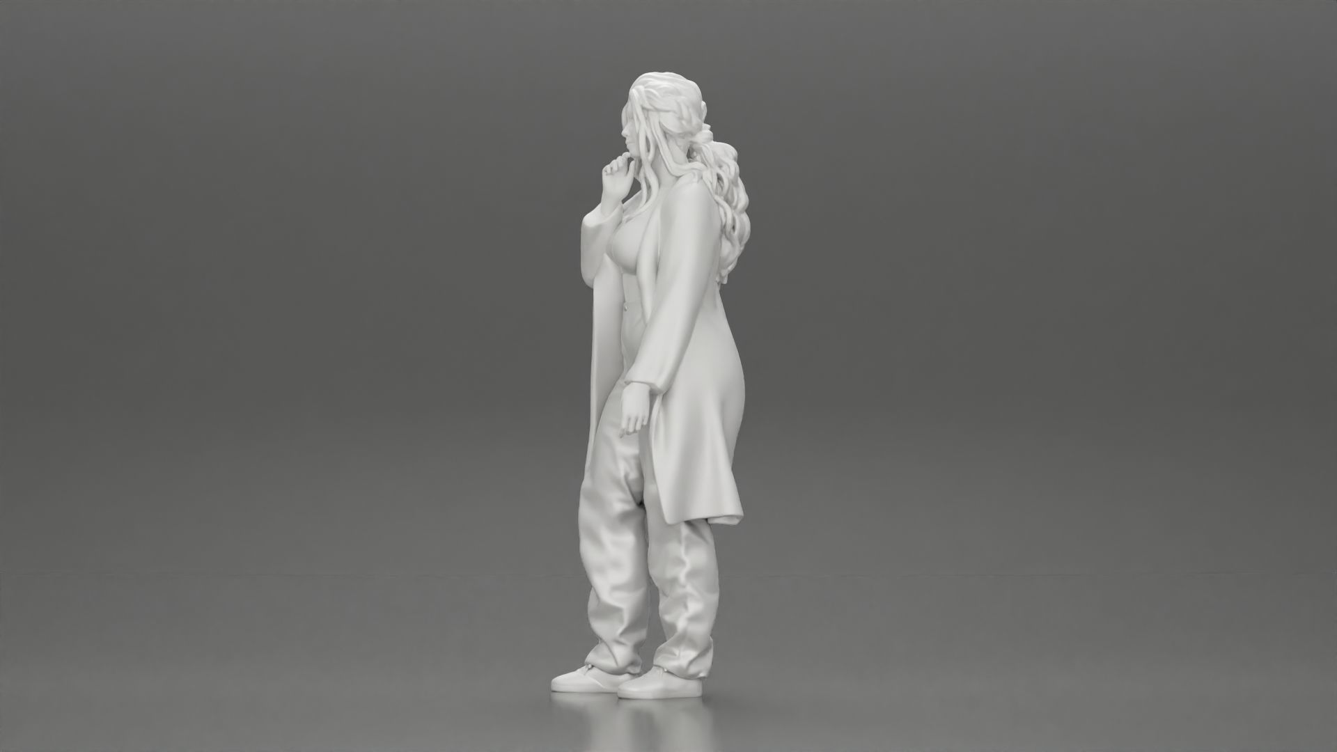 beautiful girl in large jeans and a long coat thinking 3D print model_11