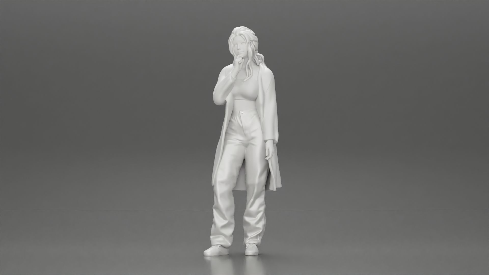 beautiful girl in large jeans and a long coat thinking 3D print model_6