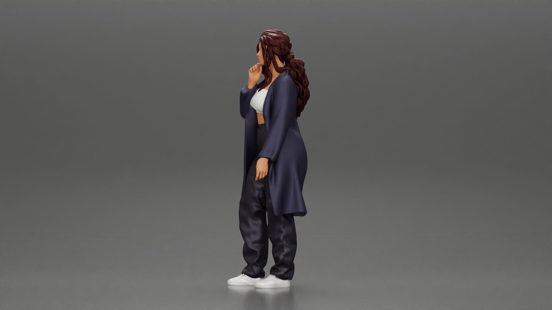 beautiful girl in large jeans and a long coat thinking 3D print model_5