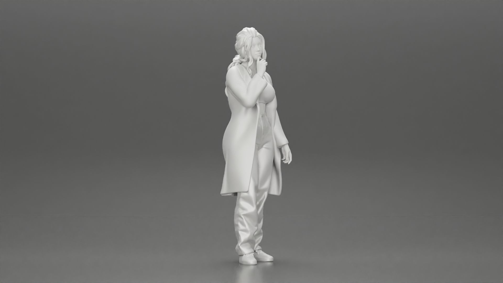 beautiful girl in large jeans and a long coat thinking 3D print model_7