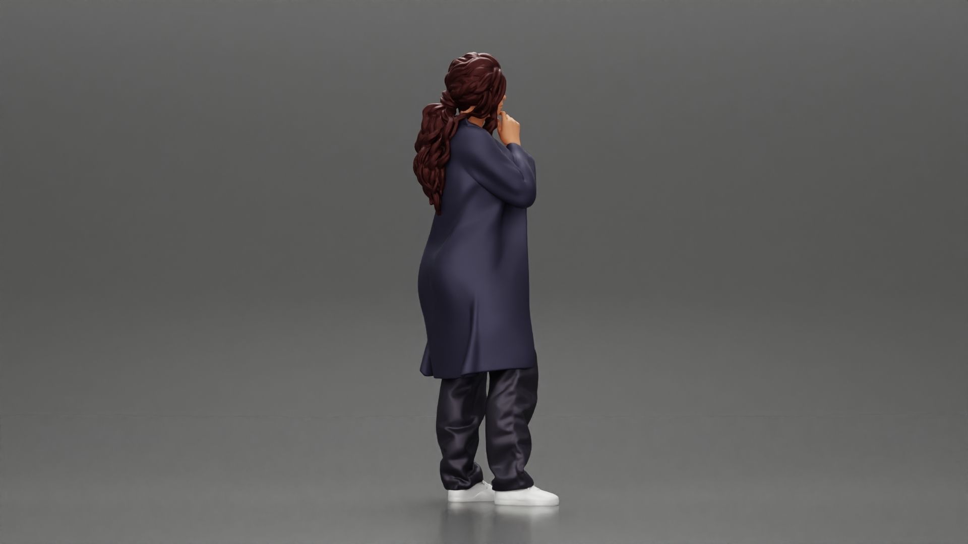 beautiful girl in large jeans and a long coat thinking 3D print model_2