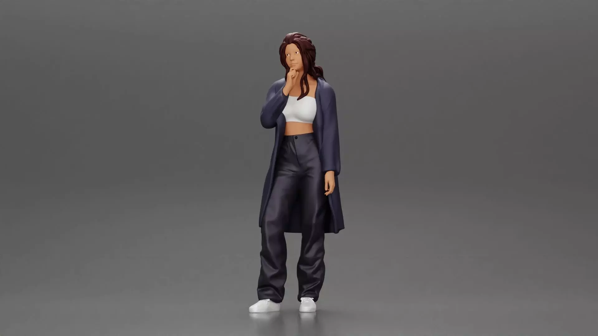 beautiful girl in large jeans and a long coat thinking 3D print model_0