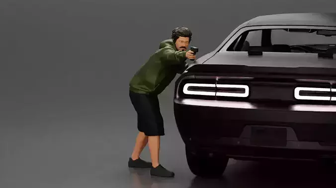 gangster man in a hoodie shorts shooting a gun behind the car