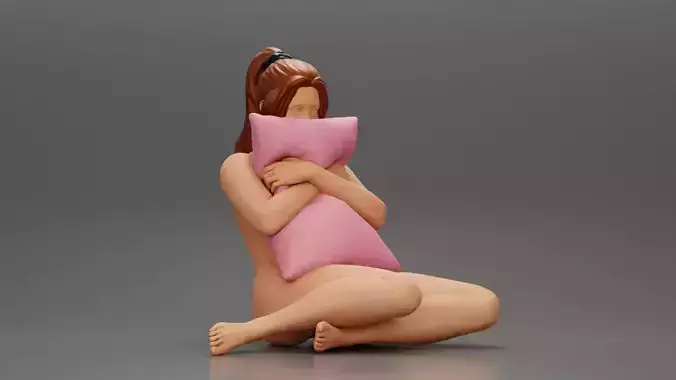 Naked girl scared sitting holding a pillow while watching TV 3D print model