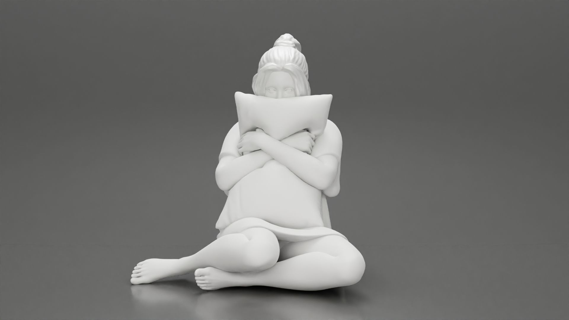 beautiful girl scared sitting holding a pillow while watching TV 3D print model_11