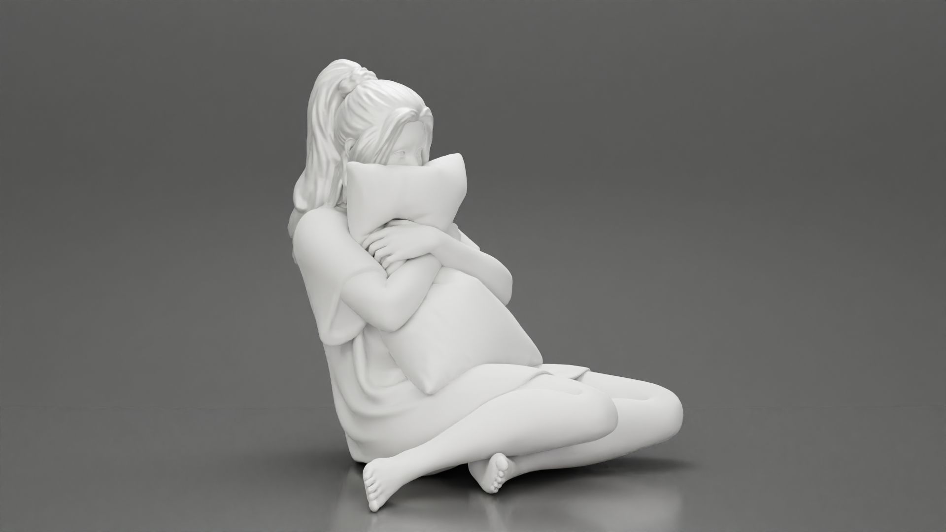 beautiful girl scared sitting holding a pillow while watching TV 3D print model_6