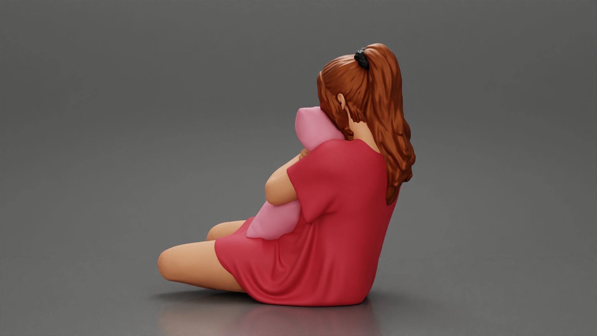 beautiful girl scared sitting holding a pillow while watching TV 3D print model_3
